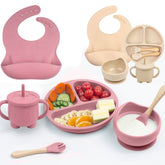 Silicone Baby Feeding Set 12Pcs Baby Led Weaning Supplies Includes Baby Suction Bowls and Plates Silicone Baby Bibs Silicone Baby Cup Silicone Baby Spoons and Forks (2 Sets Beige & Pink)