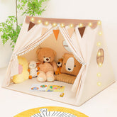 PIIKAGO Kids Tent Indoor with Star Lights and Flags - Play Tent for Kids Ages 4-8 Toddler Tent Kids Playhouse for Girls Boys Brown