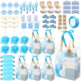 68Pcs Baby Shower Prizes for Game Winners Baby Shower Favors Gifts 6 Sets including Headband Hair Brush Jewelry Box with Bracelet Mirror Powder Puff Hair Tie Hair Claw Bath Sponges Eye Mask Gift Bag