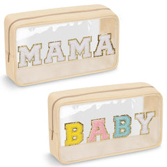 2 Pcs Chenille Letter Clear Makeup Bag Mama Baby Pouch Mama Baby Hospital Duffle Bag Pink Clear Diaper Bag Organizing Pouches with Zipper Travel Baby Toiletry Bag Nylon Cosmetic for Women(MAMA+BABY)