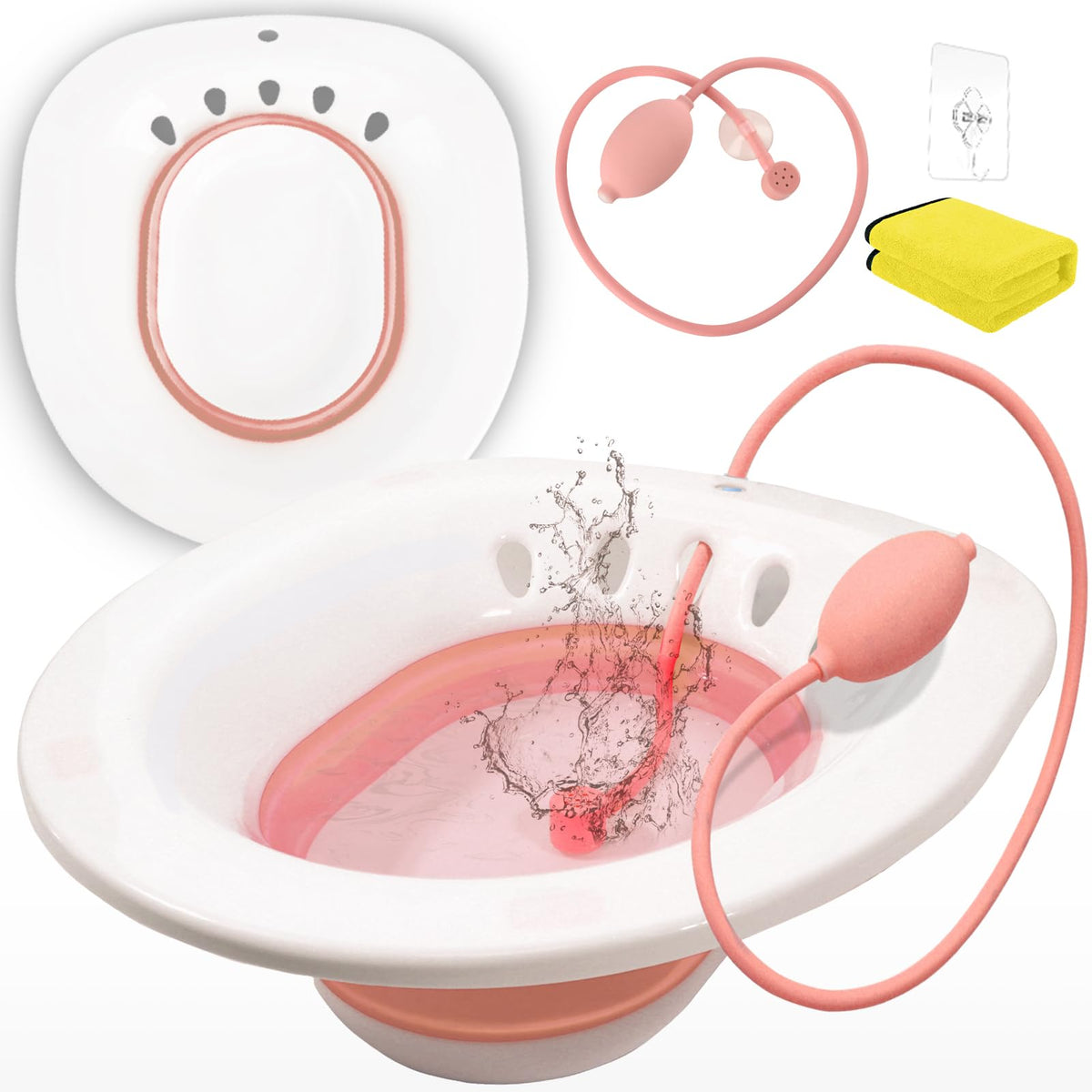Fabulas Sitz Bath for Toilet Hemorrhoids Postpartum Care Perineal Soaking Bath Over The Toilet Seat Collapsible Sitz Basin with Flusher for Vaginal Anal Inflammation Treatment Yoni Steam Seat