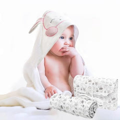 FOREVERPURE Baby Gift Set Newborn Girl and Boy Gift Bag Welcome Bundles Sets White Bunny Hooded Towel with Delicate Grey and White Flowers Swaddle