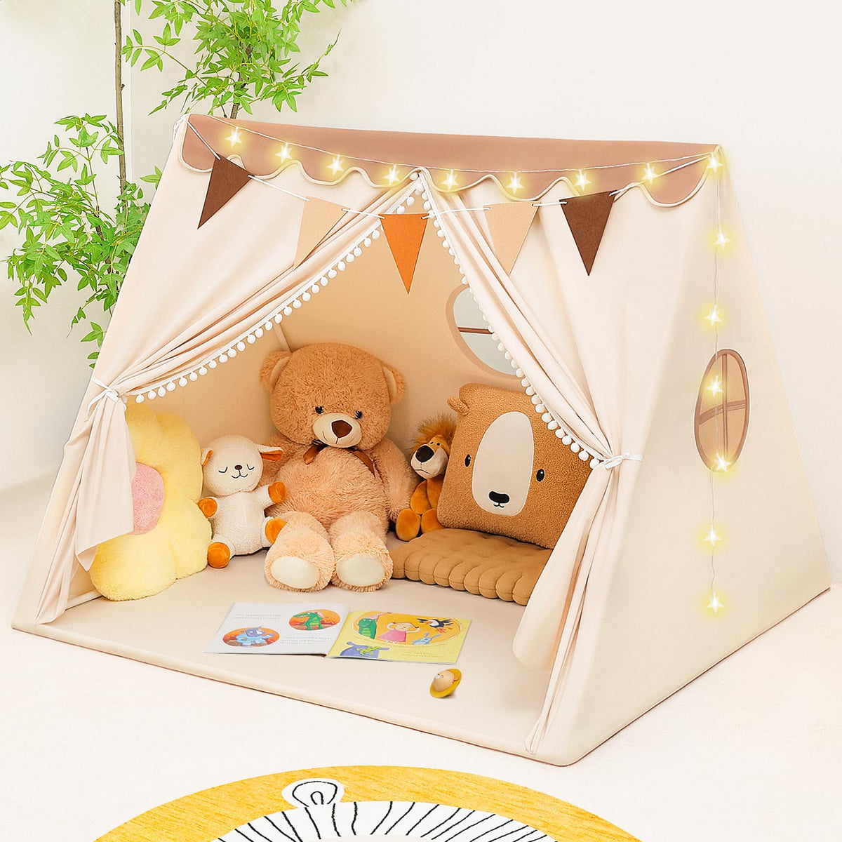 PIIKAGO Kids Tent Indoor with Star Lights and Flags - Play Tent for Kids Ages 4-8 Toddler Tent Kids Playhouse for Girls Boys Brown