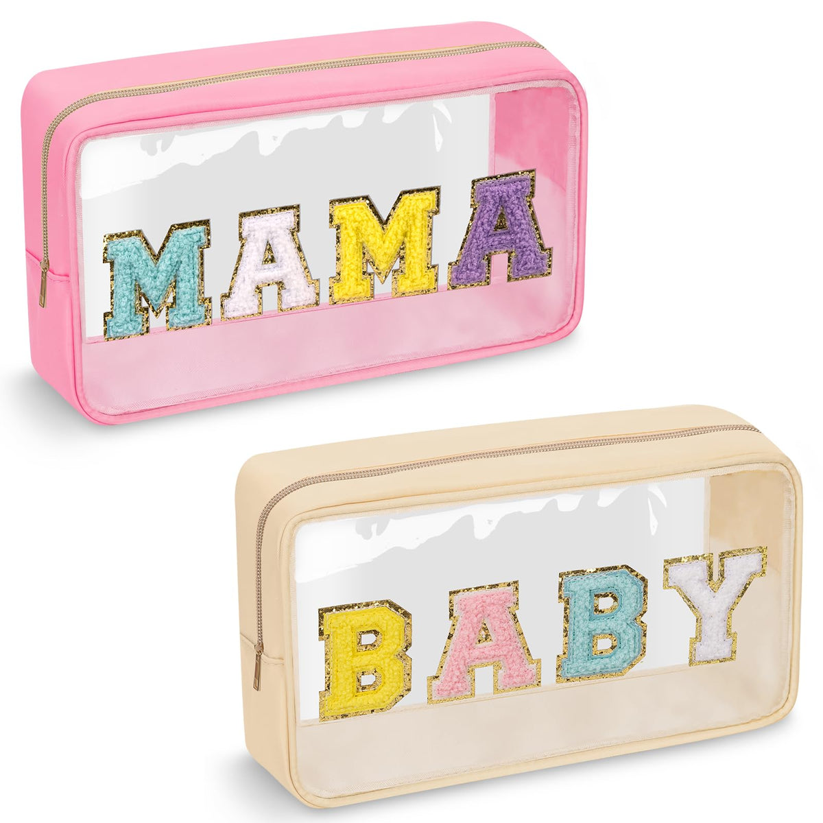 2 Pcs Chenille Letter Clear Makeup Bag Mama Baby Pouch Mama Baby Hospital Duffle Bag Pink Clear Diaper Bag Organizing Pouches with Zipper Travel Baby Toiletry Bag Nylon Cosmetic for Women(MAMA+BABY)